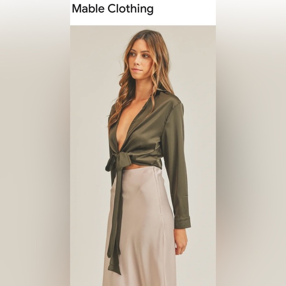 MABLE Jennifer SATIN Olive Tie-Front Blouse Medium - Picture 1 of 9